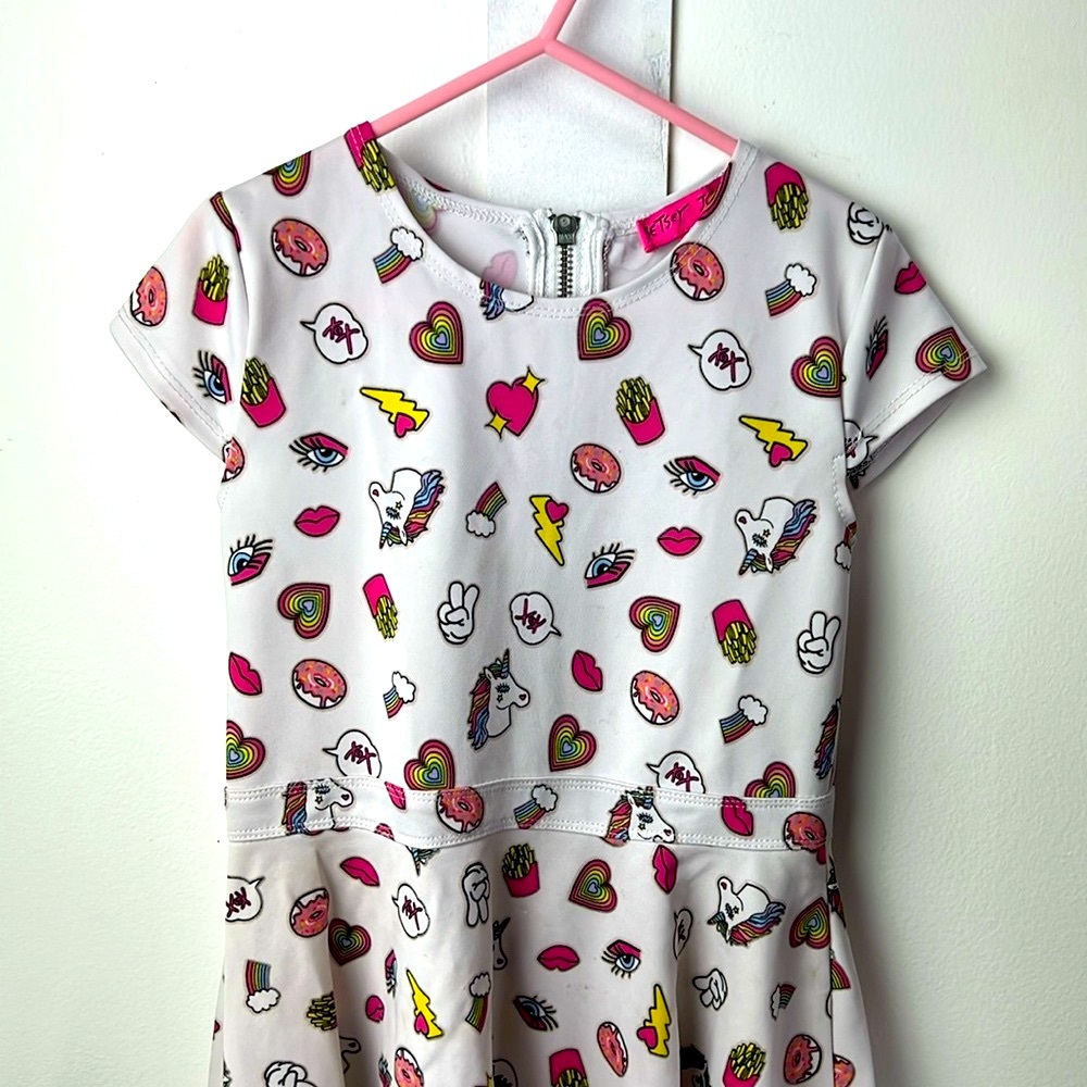 BETSEY JOHNSON Kids hearts, unicorns, fries and lightning emoji skater dress